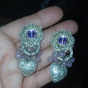 sterling silver 925 Silver and Purple Heart Dangle Earrings